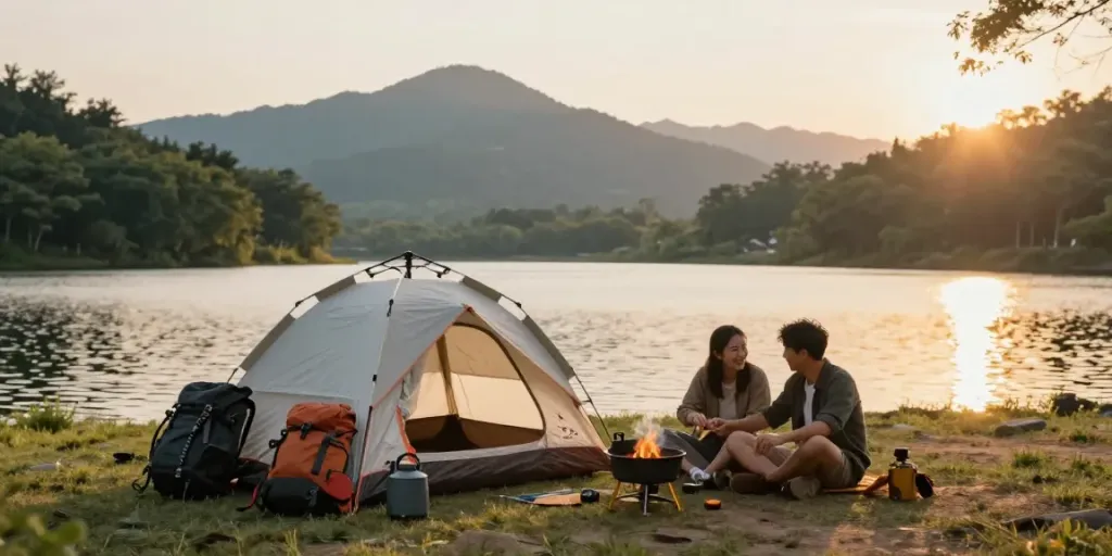 Couple setting up tent by the lake, showcasing rokok88 camping gear.