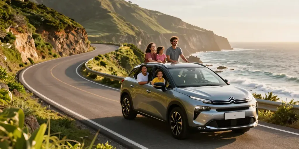 Noleggio lungo termine Citroen: famiglia felice in viaggio su una strada costiera panoramica.