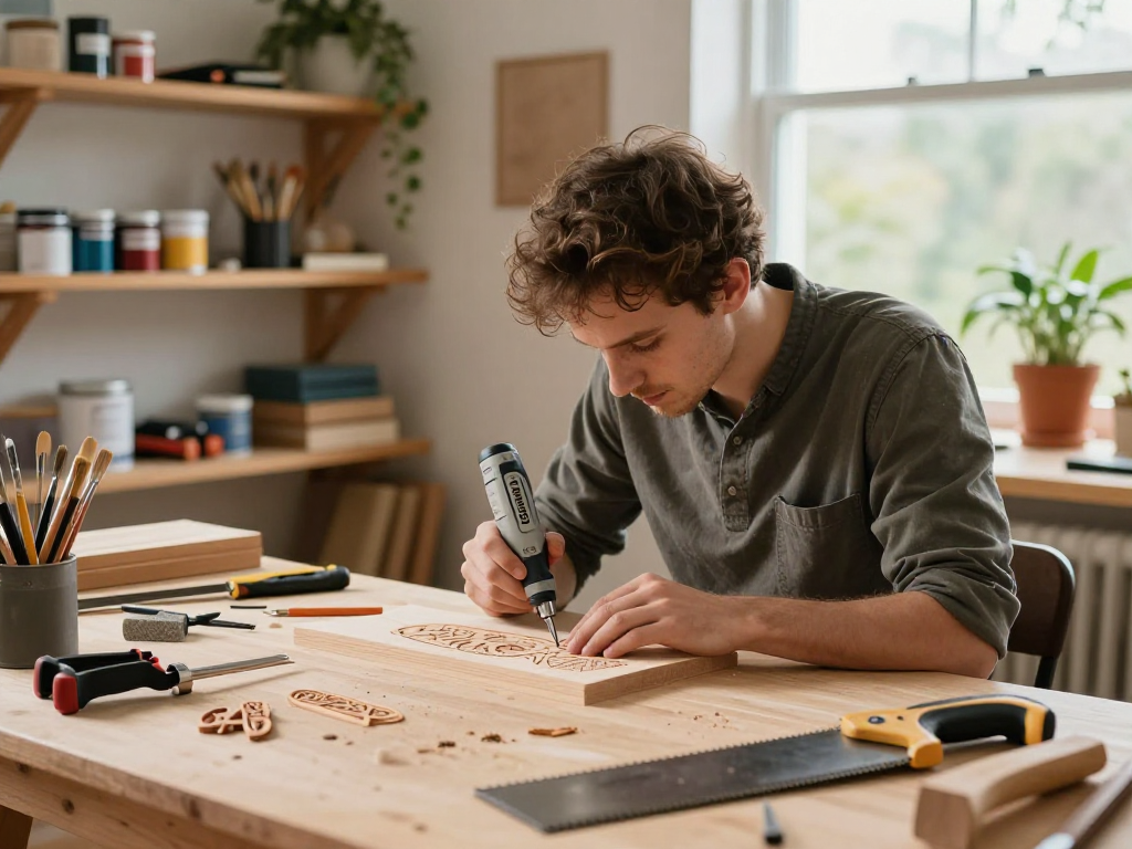 Progetto fai-da-te con Dremel 8260 in un laboratorio di legno illuminato.