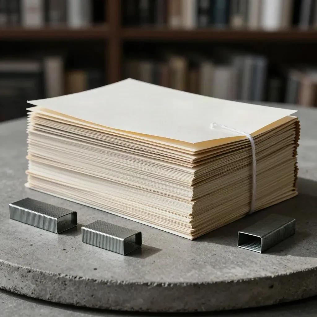 Risma di carta cotone, punti metallici, filo da rilegatura e cartelle archivio su cemento scuro.