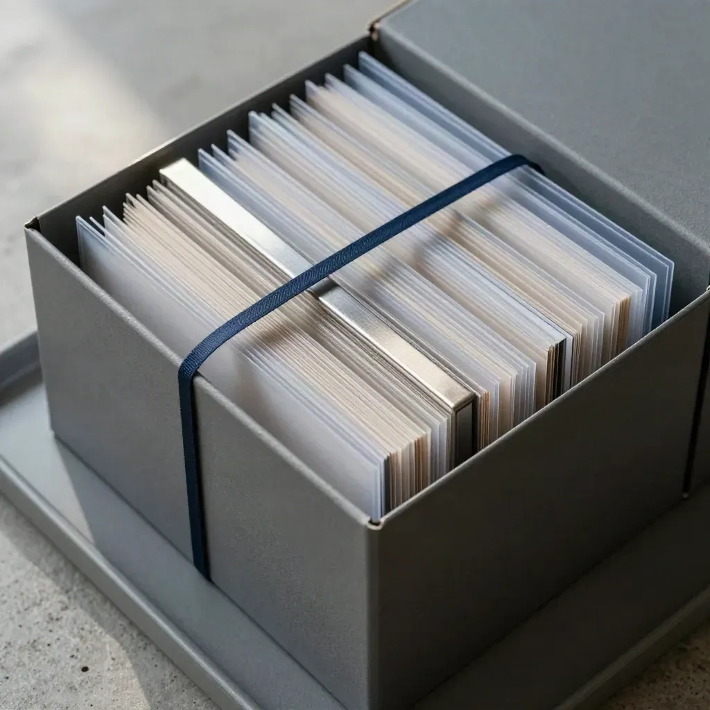 Scatola archivio grigia con buste trasparenti e divisori neutri su fondo in cemento.