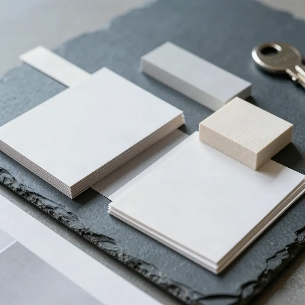 Campioni packaging neutri, cartoncini fustellati e foam core in luce drammatica.