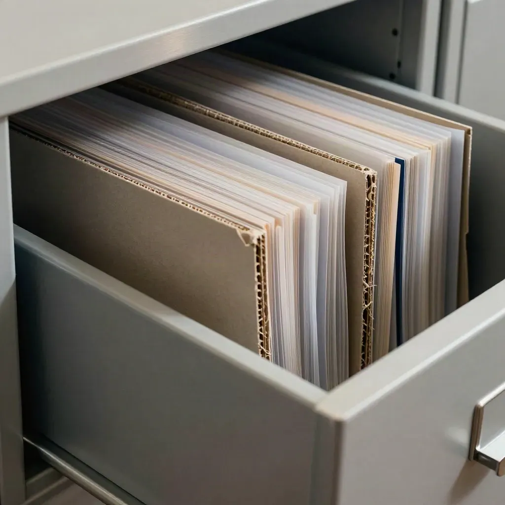Cassetto archivio metallico aperto con divisori greige e buste opache