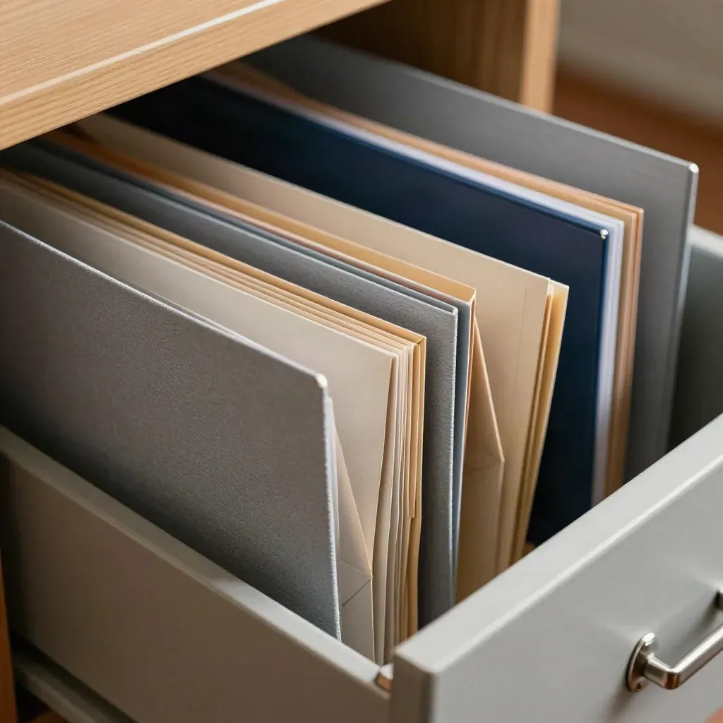 Cassetto semiaperto con cartelle d’archivio, fermagli metallici e buste neutre, luce radente.