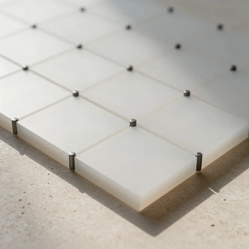 Moduli quadrati in acrilico opaco con pin e distanziali in grafite su pietra chiara.