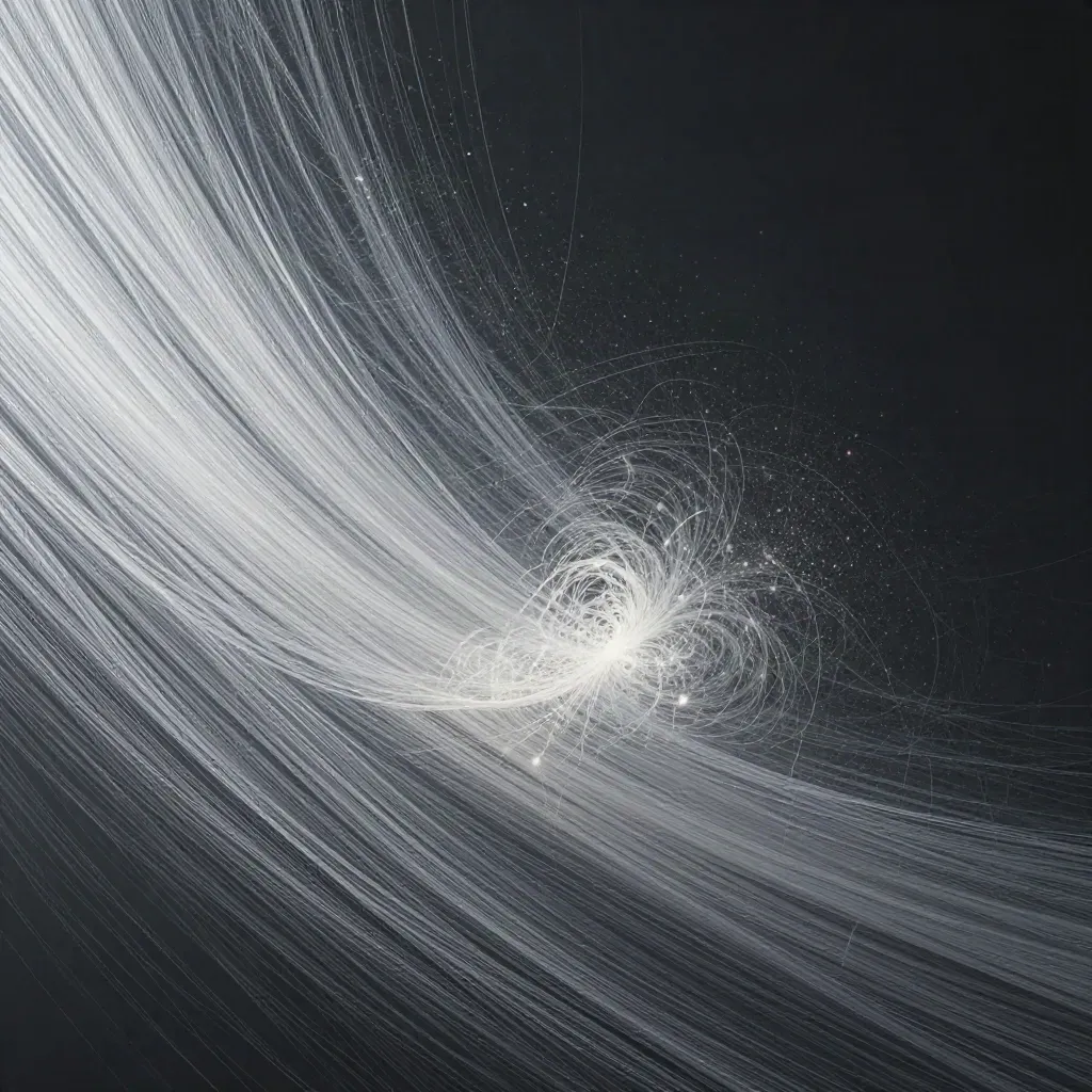 Filamenti d’argento in un bloom morbido su grafite profonda, con nebbia e particelle fluttuanti