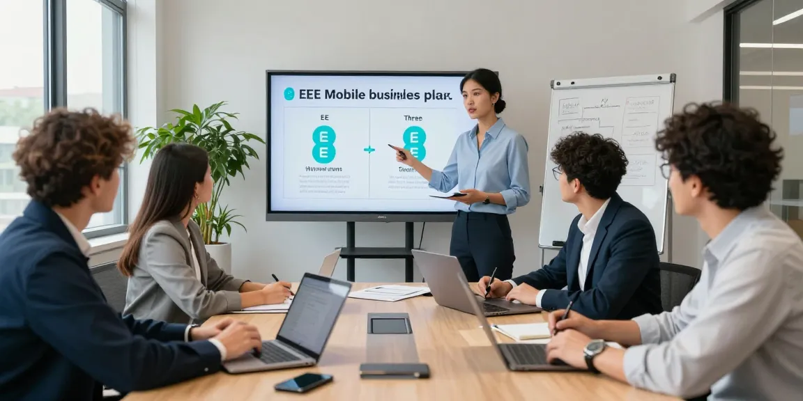 Team discussing EE vs Three business plans in a modern office environment, highlighting strategic planning for 2026.